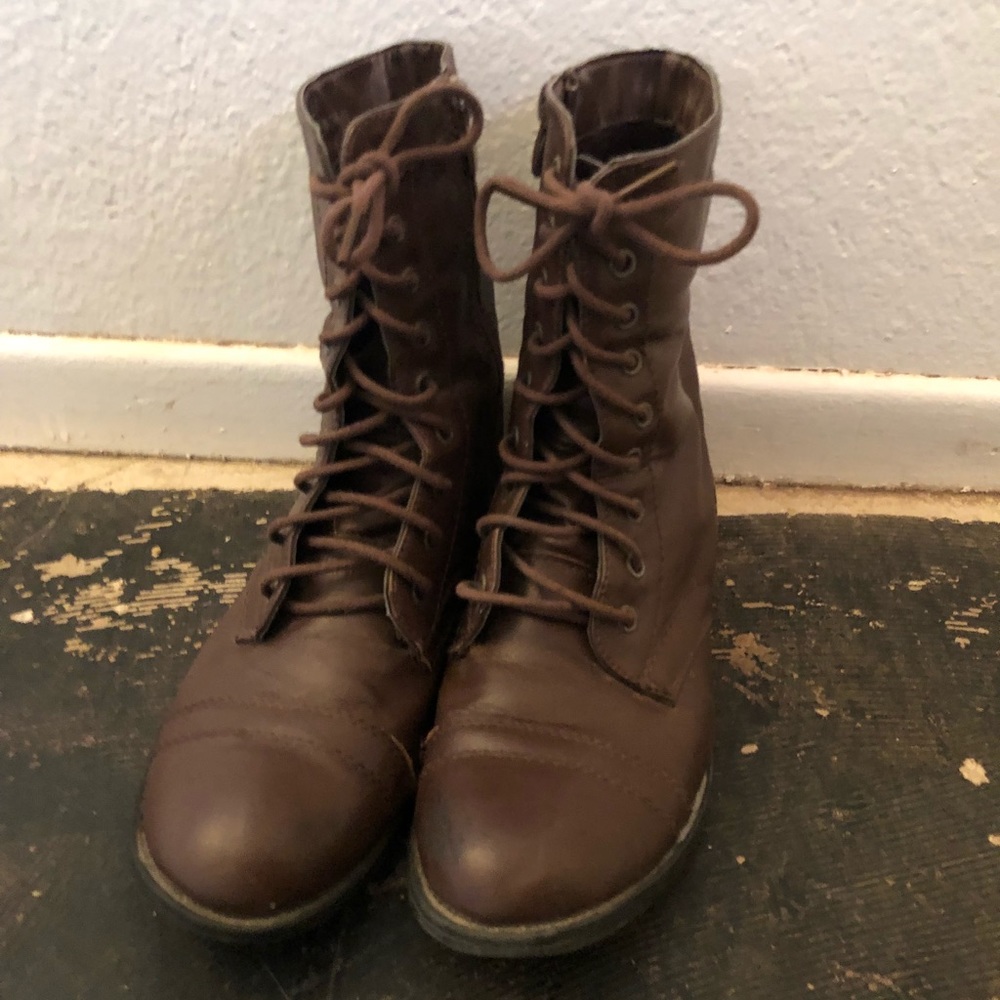 Brown faux leather lace up boots